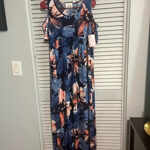Elle Mere Navy and Peach Patterned Cold Shoulder Dress